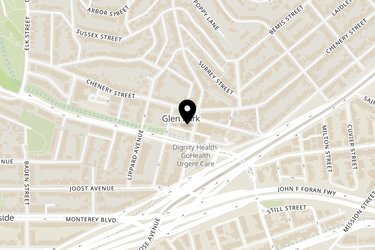 Map showing the location of La Corneta Taqueria Glen Park on 2834 Diamond St in San Francisco